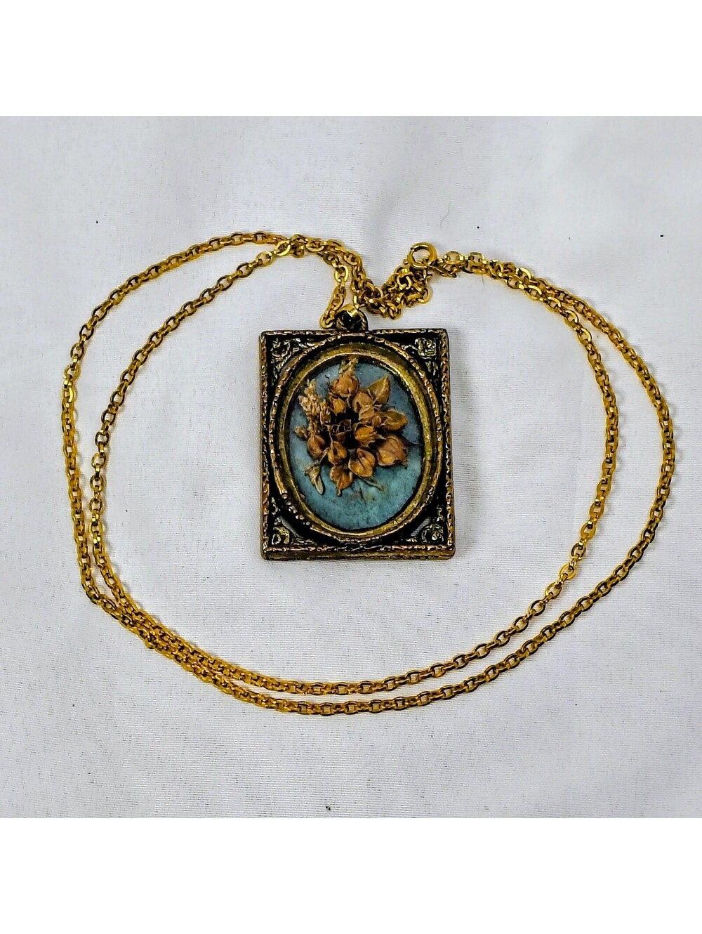 Vintage 12K Gold Filled Floral Pendant Necklace with Mirror